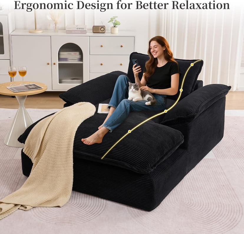 Oversized Chaise Lounge Chair Indoor, 67" Boneless Chaise Lounge with Extra Deep Seat, Comfy Corduroy Upholstered Sleeper Sofa Bed, Cozy Fluffy Single Sofa Armchair for Living Room, Black