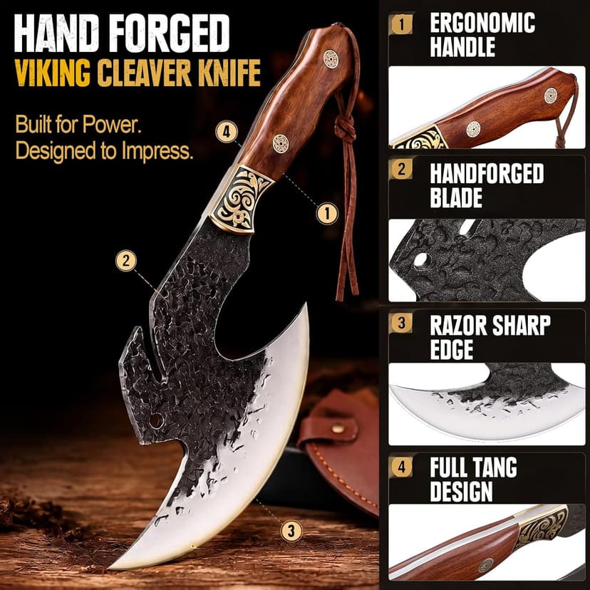 High carbon steel kitchen axe for meat cutting. Ideal for outdoor BBQ & camping. Premium birthday gift box for men & dad Topfeel Hand Forged Meat Cleaver,6.2" Viking Knife with Sheath gift for men B0FVSNSCRK