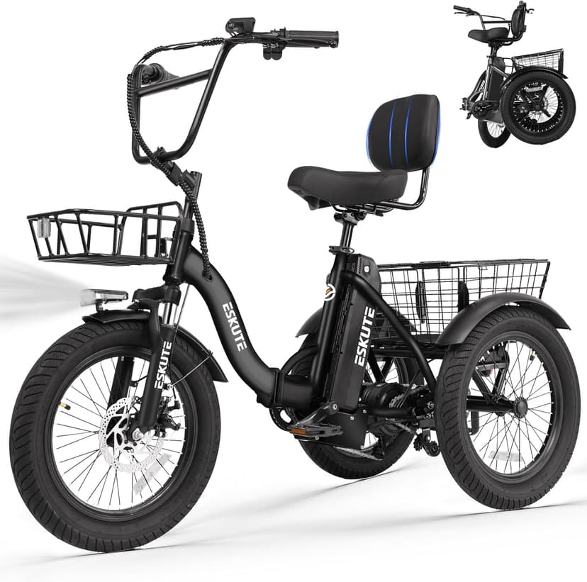 T300 Adults Electric Trike Bike, 1200W Peak Motor & 624Wh Removable Battery,18x3.0 Fat Tire Foldable 3-Wheel E-Bike with Step-Thru Design, Up to 65 Miles, Gift for Parents