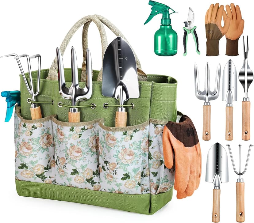 Rust-Resistant Steel Garden Tool Sets for Women, Men, Durable, Ergonomic Wooden Handle, Idea for Planting Work Grenebo Heavy Duty Gardening Tools with Handbag, Gardening Gifts for Women B09F9C3KFS