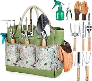 Rust-Resistant Steel Garden Tool Sets for Women, Men, Durable, Ergonomic Wooden Handle, Idea for Planting Work Grenebo Heavy Duty Gardening Tools with Handbag, Gardening Gifts for Women B09F9C3KFS