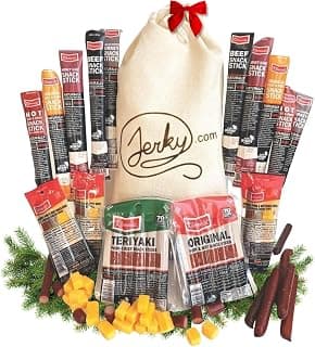 Jerky.com Gift Bag for Men | 26 Piece Meat Sticks Gift Basket with Beef Sticks, Pork, Turkey, Ham & Cheese Sticks | High Protein Snack Variety Pack | Gluten-Free Jerky Gifts for Men | Birthday Gift Basket for Him