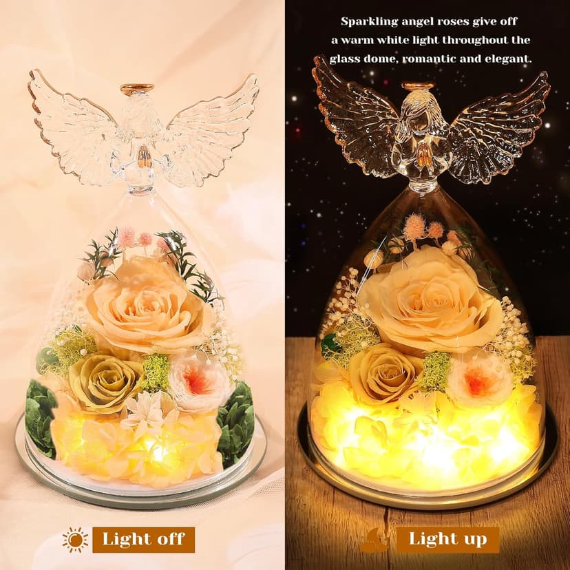 FIACO Preserved Rose Christmas Birthday Gifts for Women Forever Fresh Flowers Delivery Gifts for Mom Grandma Wife Anniversary Eternal Roses in Glass Angel Figurines