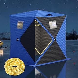 Garvee Pop Up Ice Fishing Shelter and Insulated Ice Fishing Tent with 49ft LED Light Strip, Windproof Portable Hub Design, Fits 1-8 People, 25-69 sq ft Fishable Area, Blue+Black