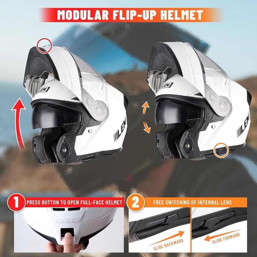 LEM Modular Motorcycle Helmets Fiberglass, Full Face Motorcycle Helmet Flip Up for Touring, DOT Certified, Release Sun Visor & Removable Comfort Liner, Lightweight Street Bike Helmet (White, M)