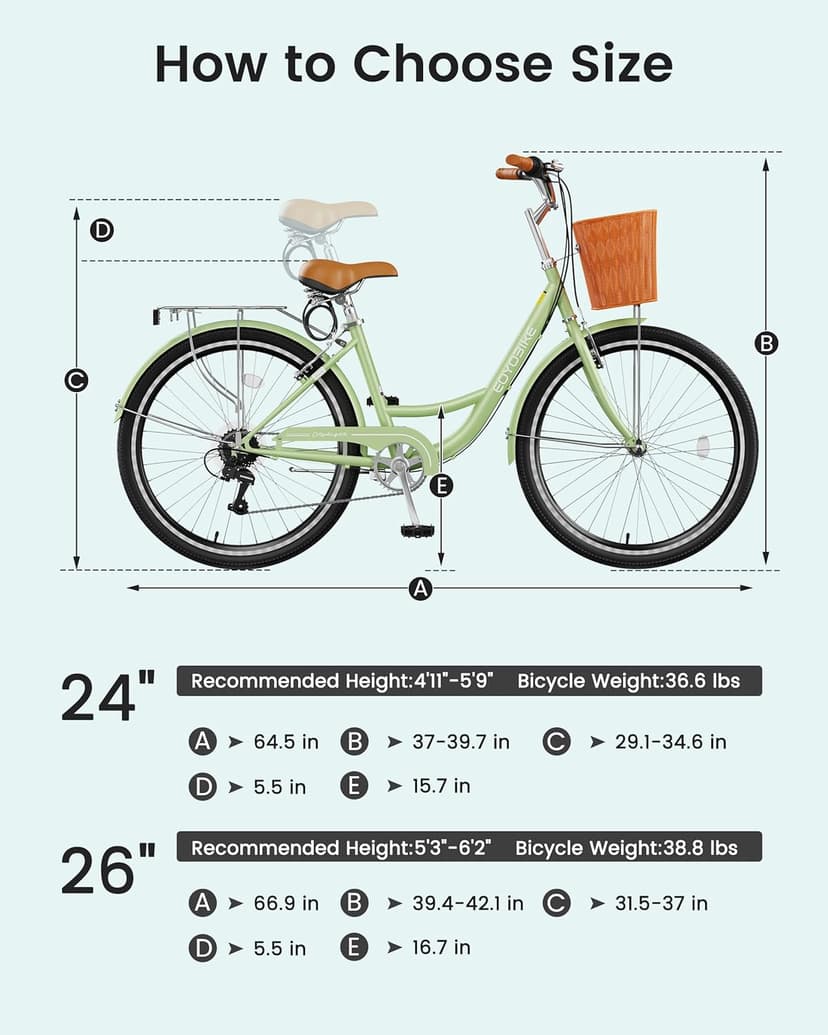 MOONCOOL Womens Bike 7 Speed, 24 26 inch Beach Cruiser Bikes for Women, Step Through Adult Bicycle with Front Basket for City Commuting