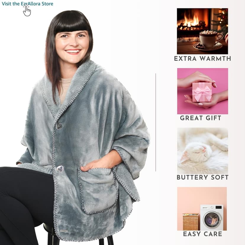 Premium Double Layer Poncho Blanket -No Sleeves Easy On Easy Off- Drape and Go Shawl Gift for Women Who Have Everything - Gifts for Grandma and Mom (Silver Grey)