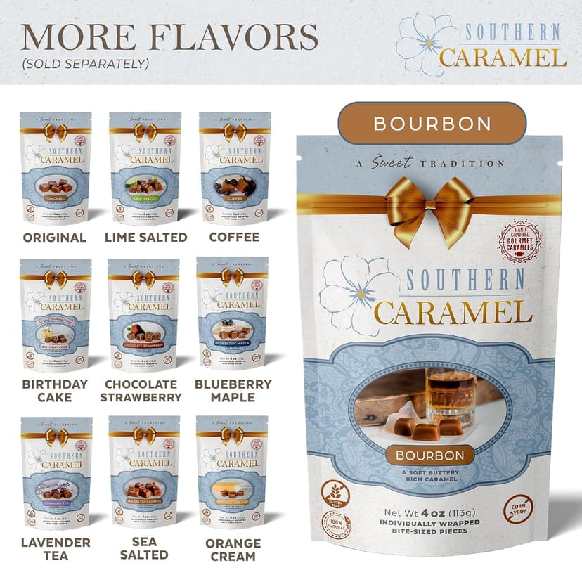 Soft Buttery Gourmet Caramel Candy Infused with Smooth, Top-Shelf Bourbon, Gluten Free, No Corn Syrup, Gift Ready Pieces Southern Caramel Bourbon Caramels, Handcrafted, 4 oz (Pack of 1) B0F3JVKW34