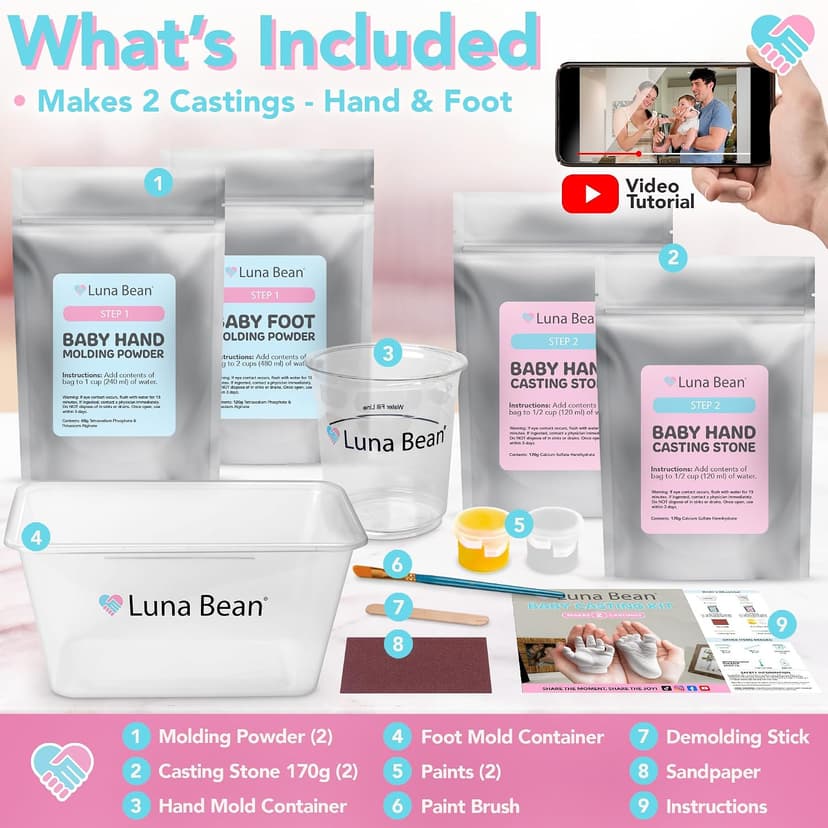 The original baby casting kit - captures newborn hand & foot forever. Non-toxic, safe, easy - perfect new mom gift Luna Bean Baby Casting Kit - Hand & Foot Keepsake Mold, 2pc, New Mom Gift B0DPLBNZNG