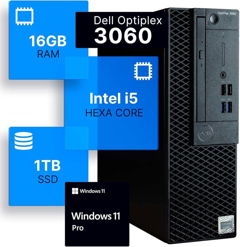 Dell Optiplex 3060 Desktop Computer | Intel i5-8500 (3.2) | 16GB DDR4 RAM | 1TB SSD Solid State | Windows 11 Professional | Home or Office PC (Renewed)