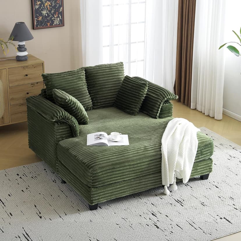 VINGLI Lounge Chair, 56" Oversized Reading Chair Corduroy Chaise Sofa Recliner Bed Upholstered Comfy Sleeper Couch with Throw Pillows and Armrests for Living Room, Movie Room, Bedroom