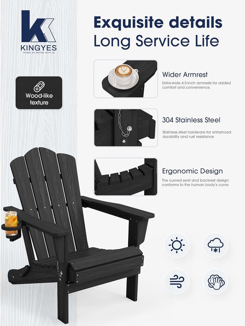 KINGYES Folding Adirondack Chair Set of 6, HDPE All-Weather Patio Chairs, Wooden Textured Lawn Chair for Poolside, Backyard, Deck, Fire Pit, Black