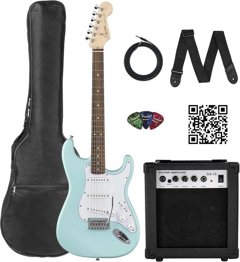 Fender Squier Stratocaster Electric Guitar - Daphne Blue Bundle with Amplifier, Gig Bag, Cable, Strap, Picks, and Austin Bazaar Instructional Video