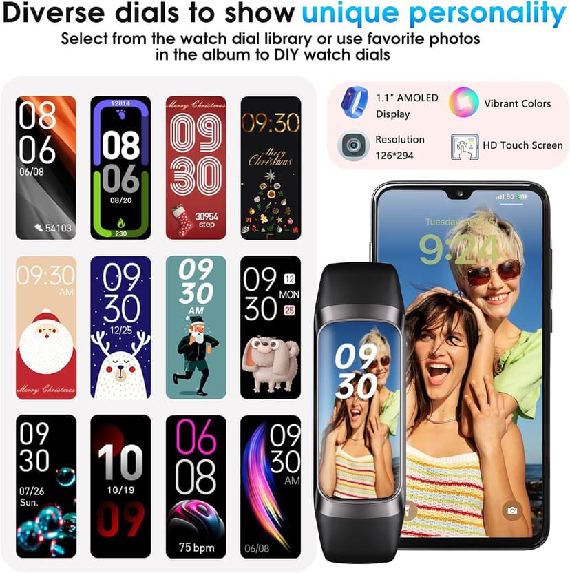 Fitness Tracker, 24/7 Heart Rate Blood Oxygen Blood Pressure Body Temp Monitor Sleep Calorie Tracker with 1.1" AMOLED Touch Color Screen Pedometer Smart Watch Waterproof for Women Men