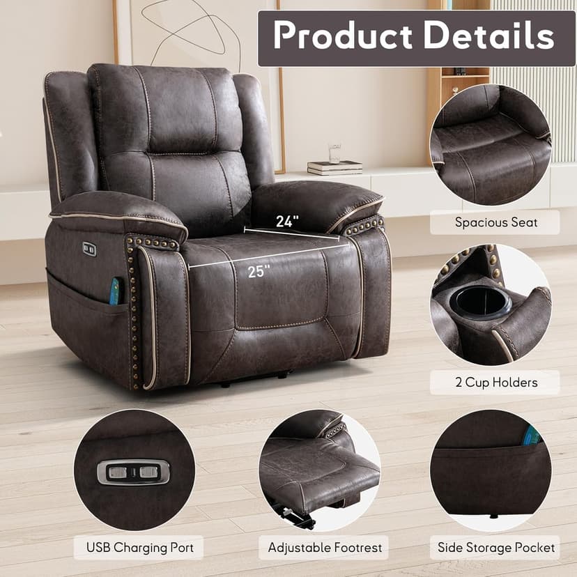Bonzy Home Power Lift Recliner Chair for Elderly with Massage and Heating, Dual Motor Faux Leather Lift Chair with Spacious Seat, 2 Cup Holders, Adjustable Headrest (Grey Brown)