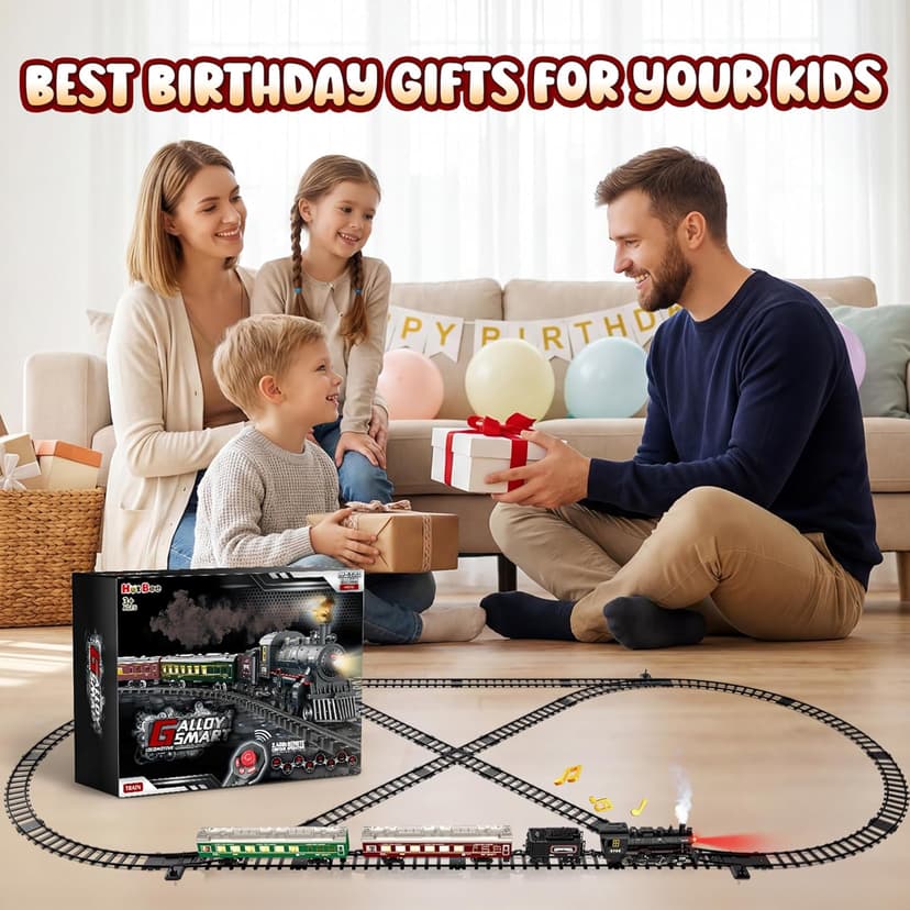 Hot Bee Train Set, Remote Control Train Toys with Luxury Track & Glowing Passenger Carriages, Metal Christmas Tree Train with Smoke, Light and Sound, Toy Train Set for 3 4 5 6 7+ Years Old Boys Gifts