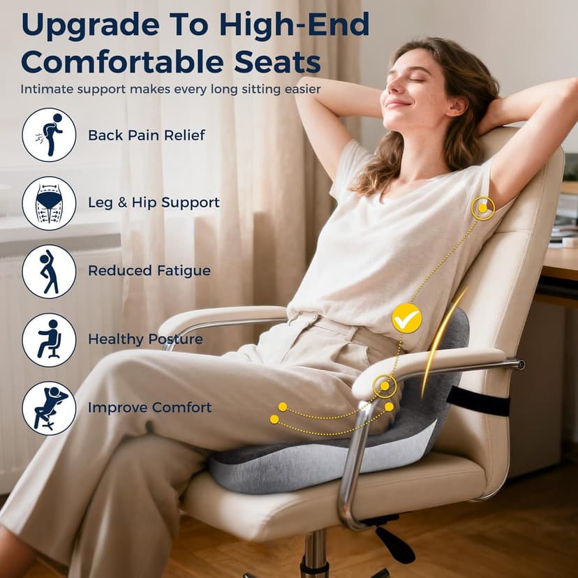 Seat Cushion, Office Chair Cushions for Tailbone Relief, Seat Cushions for Office Chair with L-Shaped Ergonomic Design & Adjustable Strap, Memory Foam Chair Cushion for Long Sitting Worker(Black Gray)