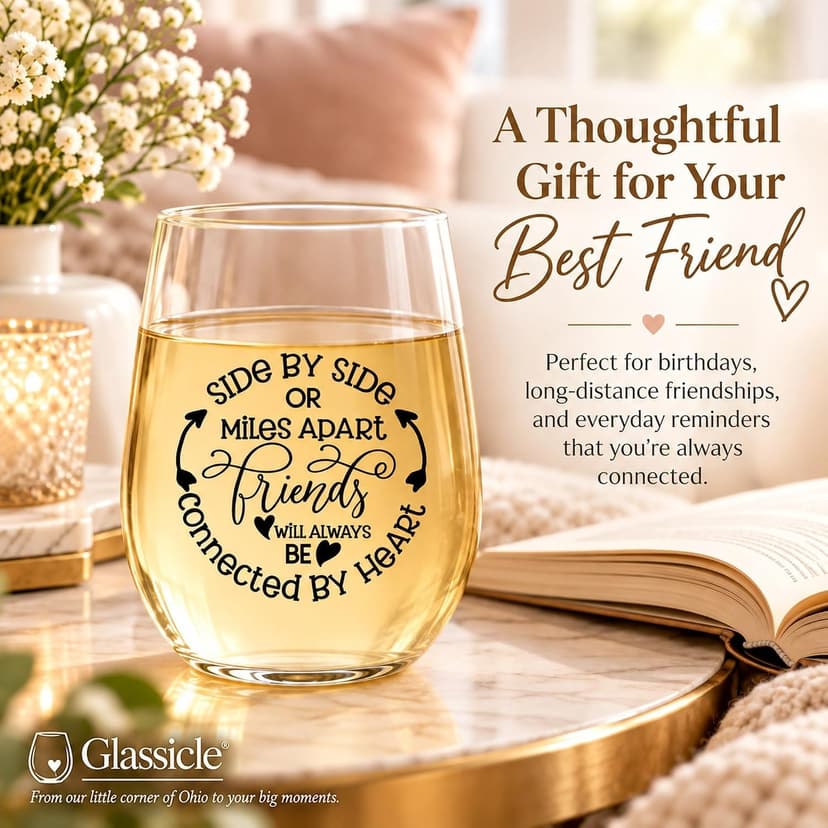 Side By Side Or Miles Apart Best Friend Wine Glass - 15 Oz, Scratch-Resistant Wine Glass - Birthday Gifts for Her, Stocking Stuffer, or Long Distance Friendship Gifts for Women - Printed in the USA