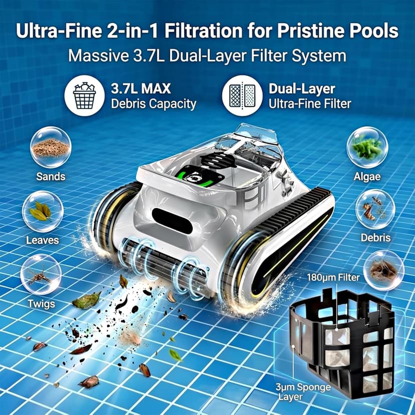 Cordless Robotic Pool Cleaner - Automatic Pool Vacuum Robot for Inground&Above Ground Pools, Wall&Waterline Climbing, Smart Navigation, 180mins Runtime, APP Control, Dual Filtration, Powerful Suction