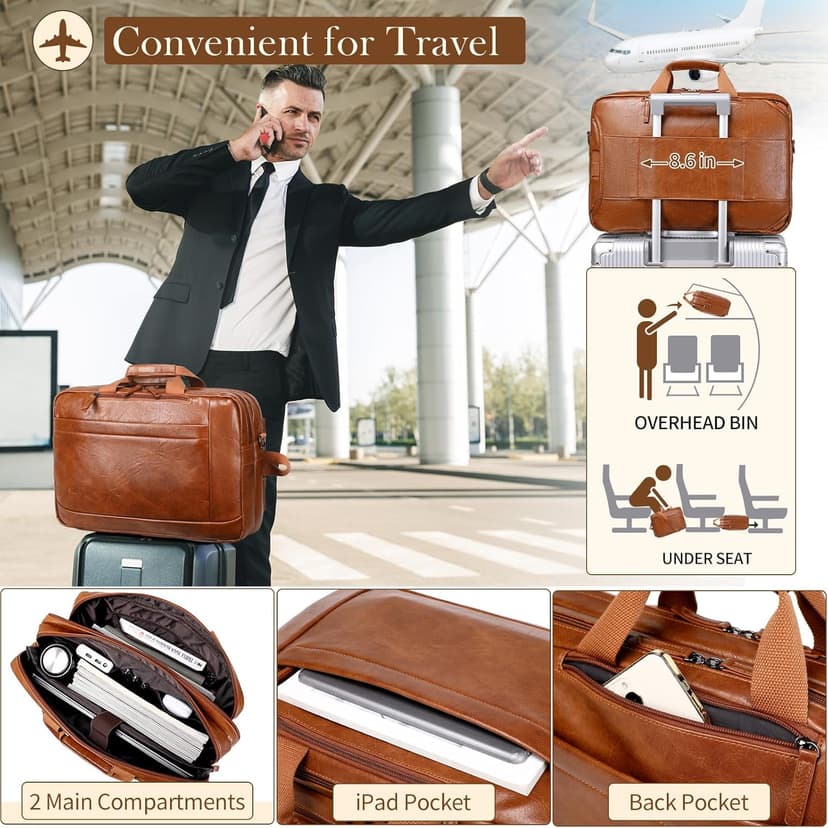 Faux Leather Messenger Bag for Men | 17-17.3 Inch Leather Mens Laptop Bag Leather Briefcasen Convertible Backpack 3 in 1 Computer Handbags Work Bag Shoulder Crossbody Bag Office | Vintage Brown