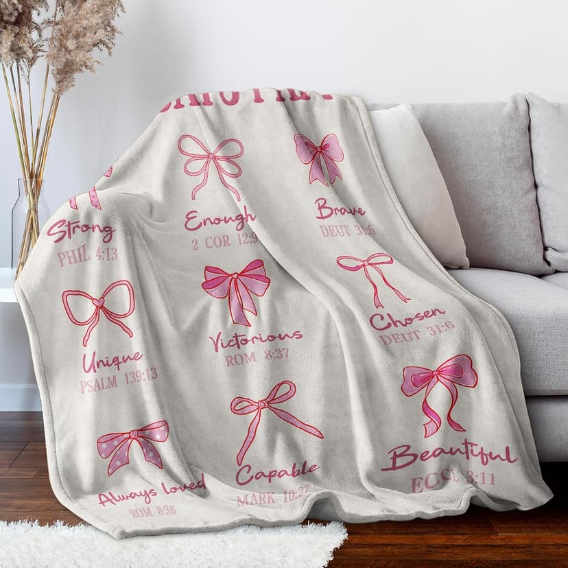 Christian Gifts for Women on Birthday Christmas, Christening/First Communion/Dedication Gifts for Baby Girls Teens Daughter Baptism Gifts for Girls, God Says I Am Pink Bow Blanket 50"x60" B0FZB5XHKX