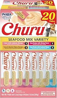 INABA Churu Cat Treats, Grain-Free, Lickable, Squeezable Creamy Purée Cat Treat/Topper with Vitamin E & Taurine, 0.5 Ounces Each Tube, 20 Tubes, Seafood Variety Box