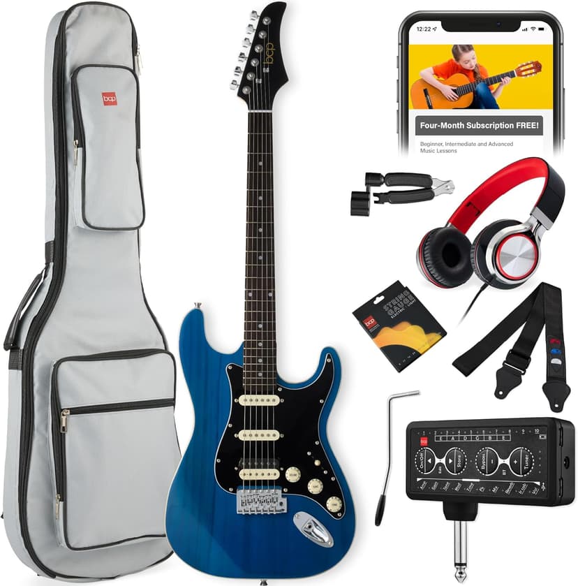 Best Choice Products Beginner HSS Electric Guitar Kit w/Headphone Amp, Padded Gig-Bag, Headphones, Guitar Strap - Midnight Blue/Black