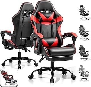 Gaming Chair, Ergonomic Computer Chair with Footrest and Lumbar Support, Height Adjustable Office Chair with 360° Swivel Seat and Headrest (Red & Black)