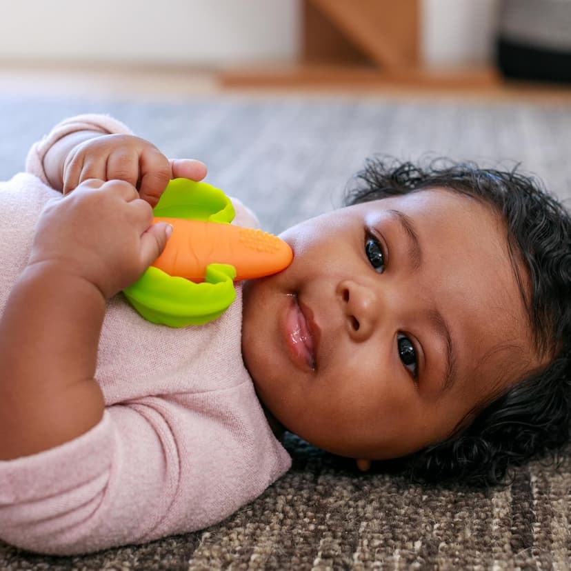 Infantino Lil’ Nibbles Textured Silicone Teether, BPA-Free Baby Teething Toy, Soft, Easy to Hold, Sensory Stimulation for Infants, Carrot