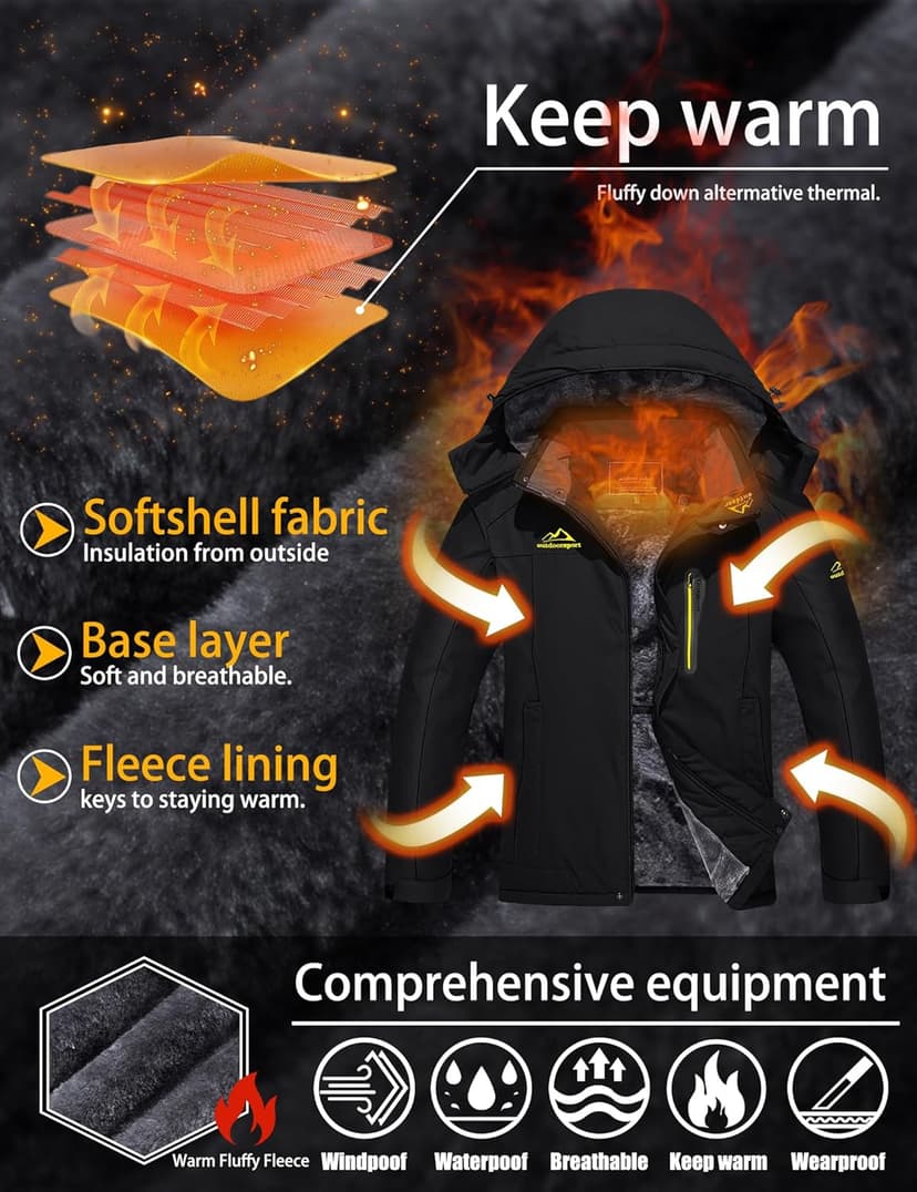 TACVASEN Men's Winter Ski Jacket Waterproof Snow Coats Snowboard Fleece Lining Jacket Warm Parka with Hooded