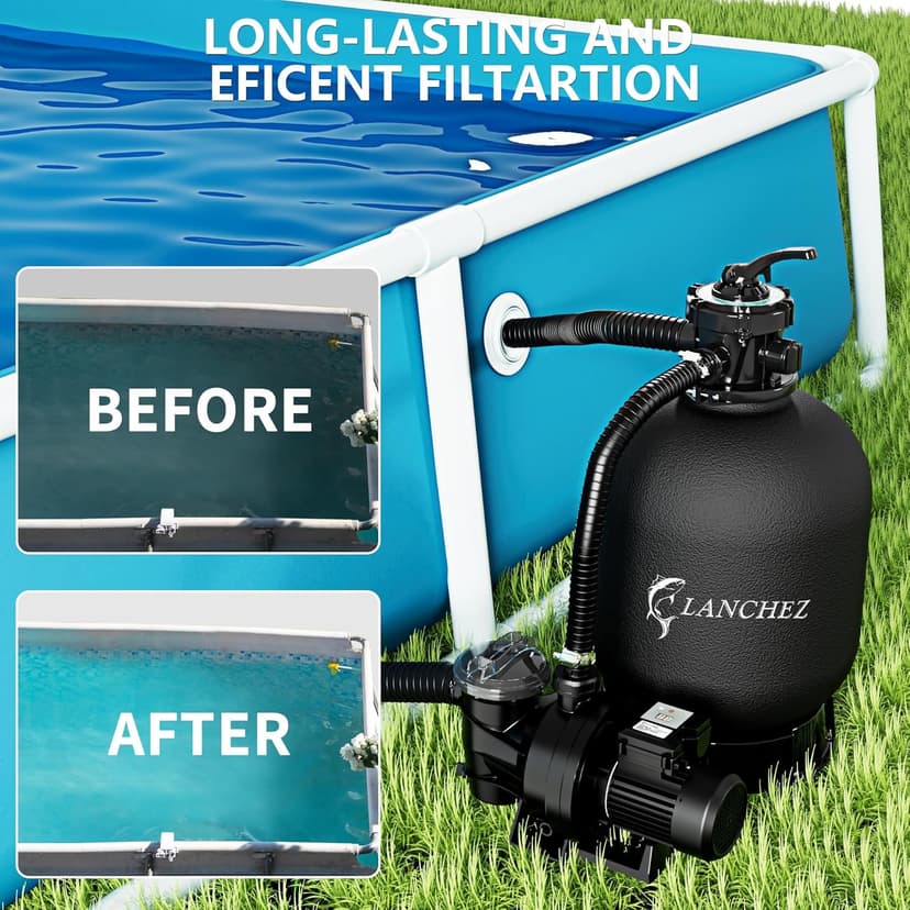 LANCHEZ 18" Sand Filter with 1.5 HP Pool Pump, Digital Programmer Timer, 4900 GPH for Above Ground Pool Pump Set Up to 20000 Gallons, 7-Way Valve Sand Filter Pump System