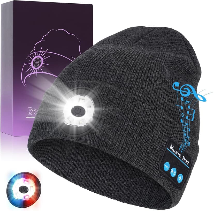 Bluetooth Beanie with Light, USB-C Charging 5 LED Flashlight Hat, Built-in Stereo Speakers Mic, Christmas Stocking Stuffers White Elephant Gifts for Men Dad Teens Boys for Camping Fishing B0DJ192Y5F