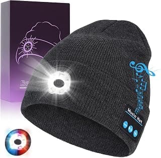 Bluetooth Beanie with Light, USB-C Charging 5 LED Flashlight Hat, Built-in Stereo Speakers Mic, Christmas Stocking Stuffers White Elephant Gifts for Men Dad Teens Boys for Camping Fishing B0DJ192Y5F