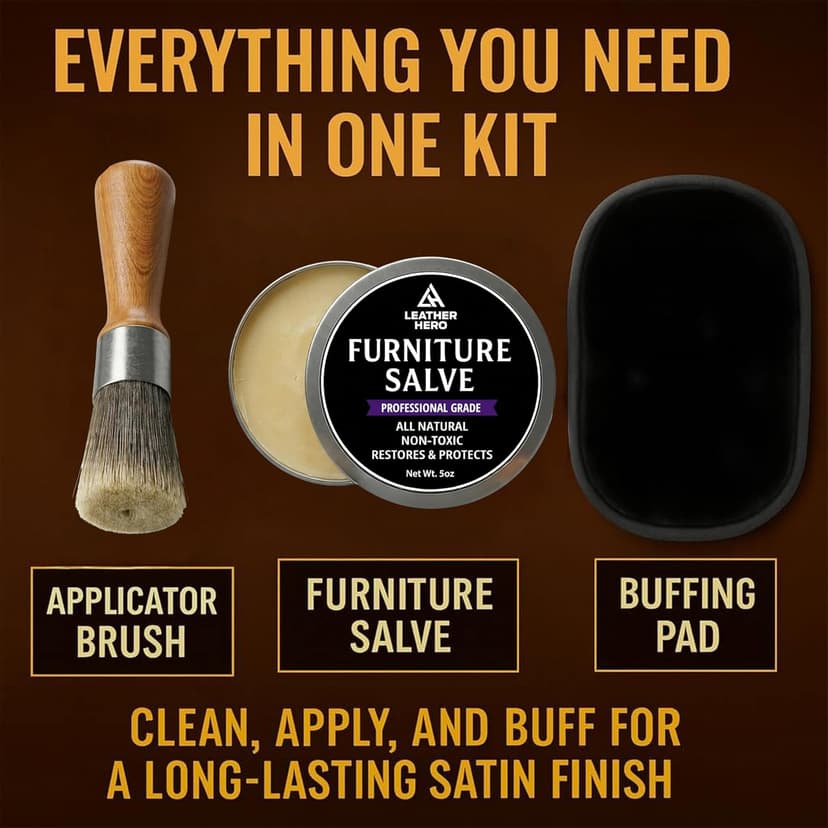 3-in-1 Furniture Salve for Leather & Wood – Polisher, Conditioner, & Restorer for Couches and Furniture- Leather Repair Salve with Brush & Buffing Pad- 5oz