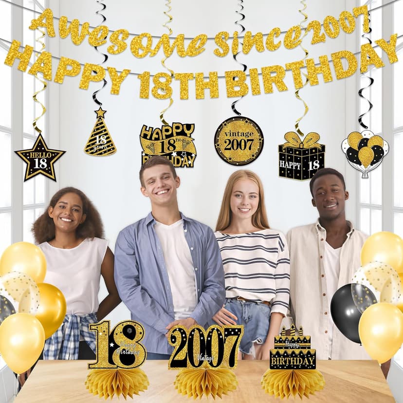 11Pcs 18th Birthday Decorations Kit for Men Women, Black Gold Happy 18th Birthday Banner, Awesome Since 2007 Centerpieces Swirls Party Supplies, Eighteen Bday Banner Ceiling Table Topper Sign