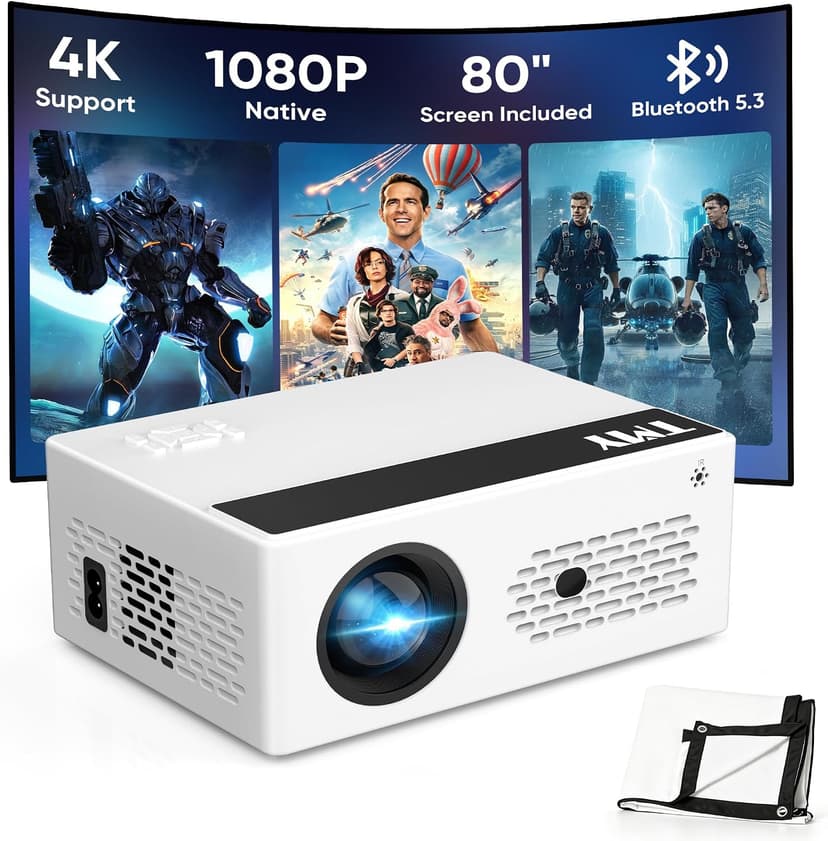 TMY Mini Projector, Upgraded Bluetooth Projector with Screen, 1080P Full HD Portable Projector, Movie Projector Compatible with TV Stick Smartphone/HDMI/USB, indoor & outdoor use
