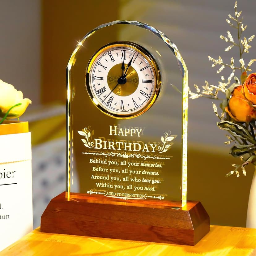 with Wooden LED Light Base, Happy Birthday Keepsake, for Woman Man Her Him Mom Dad Friend, Home Decor Ornalrist Happy Birthday Gifts for Men Women Glass Quartz Clock Keepsake B0GR57JH79