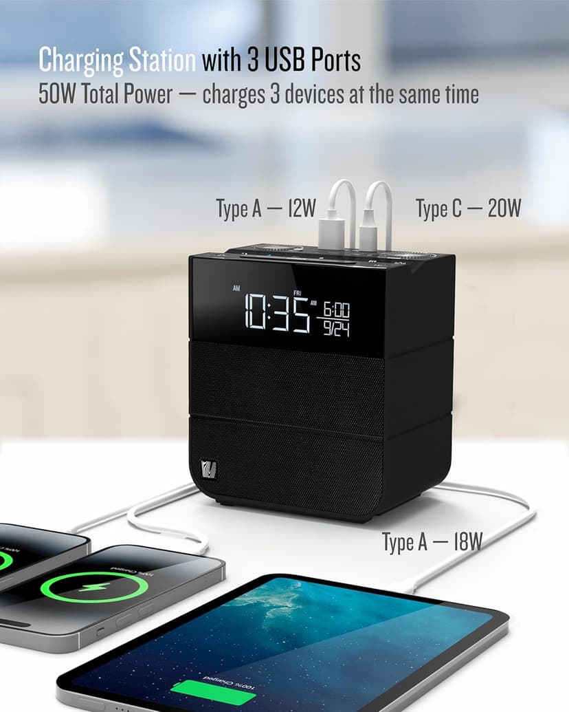 Soundfreaq Sound Rise II, SFQ-16: Bedside Alarm Clock Radio & Bluetooth Speaker, with Large Display Screen, FM Radio, Fast USB Charging, and Nature Sound