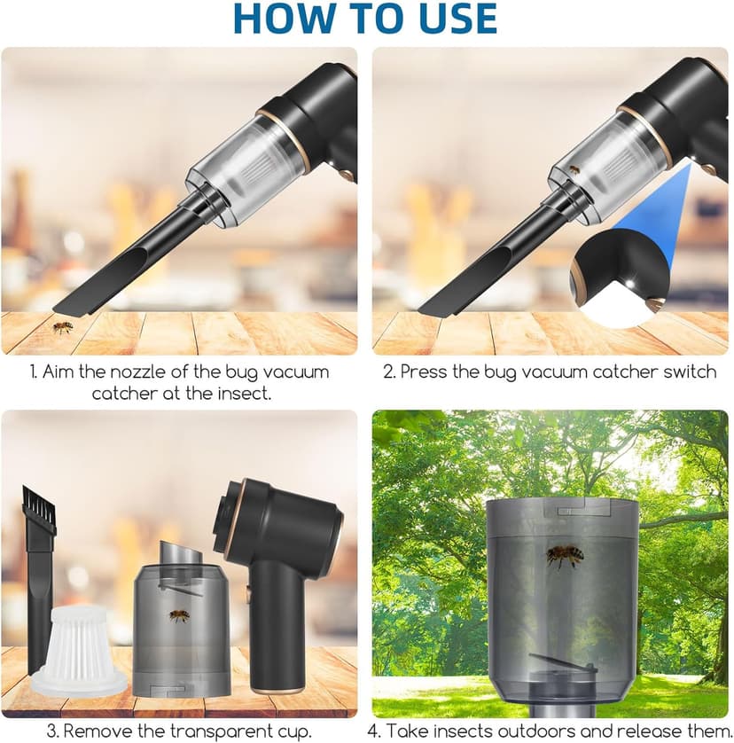 Bug Vacuum Catcher-Spider and Insect Catcher Traps for Home,Cordless Handheld Vacuum Cleaner Rechargeable Bug Catcher Strong Suction with Multifunctional Suction Nozzle for Cockroach Beetle Ant Bedbug