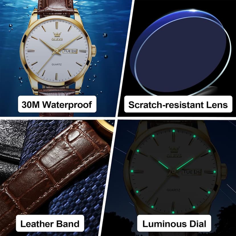 QBAIZI Men's Casual Leather Watch, Easy to Read Three-Hand Analog Stainless Steel Watches for Men, Minimalist Day Date Waterproof Luminous Mens Quartz Wristwatch
