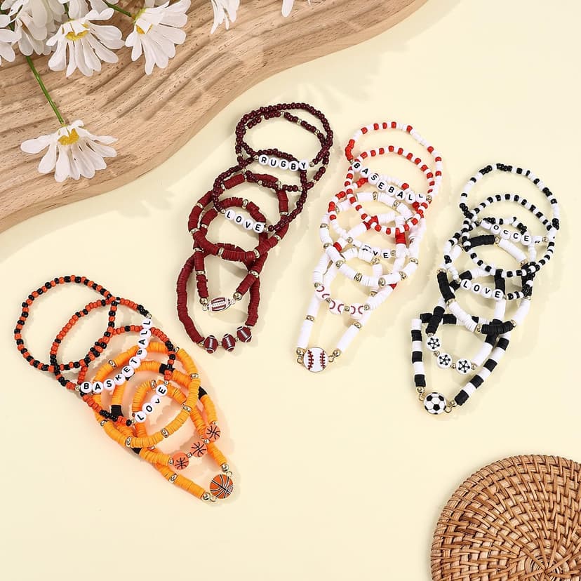 Taouzi 24 Pcs Surfer Heishi Bracelets for Women Bulk Handmade Stackable Stretch Friendship Bracelets Halloween Thanksgiving Christmas Valentines Day Jewelry Gifts for Women Men