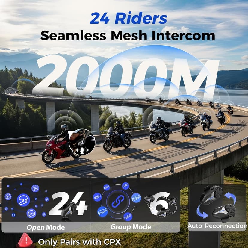 Moman Motorcycle Intercom, Group Intercom Communication Systems, FM, Hi-Fi Stereo, CVC Noise Cancellation, Waterproof BT5.1 Helmet Speaker Headset, 24 Riders Mesh Communicate(CPX 1 Pack)