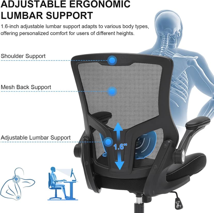 Office Chair, Ergonomic Desk Chair with Adjustable Lumbar Support, Breathable Mesh Computer Chair with Flip-up Armrests, 350lbs Comfy Swivel Task Chairs for Home Office, Black