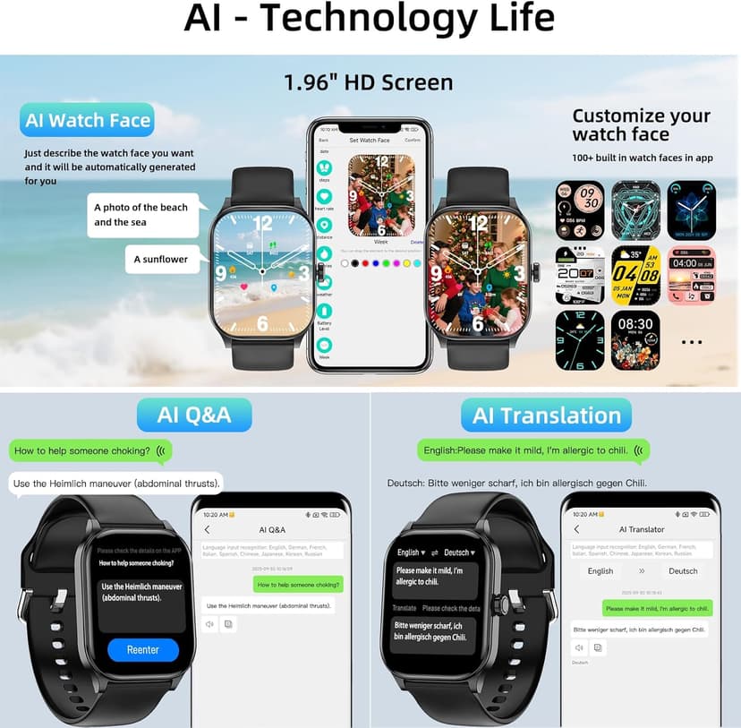 Smart Watch with Built-in GPS and Offline Maps, 1.96" HD Display, Answer/Make Calls, 100+ Sport Modes, Heart Rate/Sleep/SpO2 Monitor, Fitness Activity Tracker for Android and iPhone, 2 Bands, Black