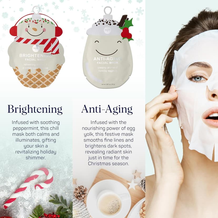 SpaLife Holiday Treats Facial Masks 12-Pack Assorted - Festive Christmas Skincare for Hydration and Refreshment - Gingerbread, Sundae, Cocoa & Eggnog