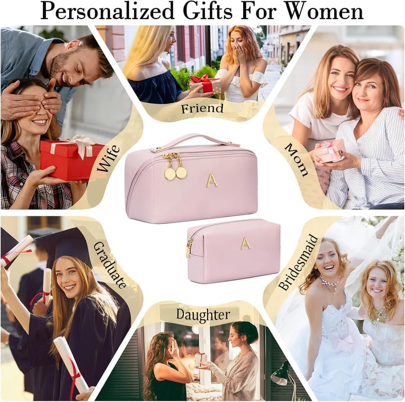 Waterproof PU Leather, Open Flat Design Cosmetic Bag, Multiple Compartments Travel Toiletry Bag (Pink, A) Initial Makeup Bag Personalized Gift for Women Teen Girls B0F26C313Y