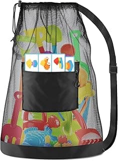Large Mesh Beach Bag Drawstring Toys Bag, Swim Pool Toys Balls Storage Bags Gym backpack, Beach Toy Shells Organizer
