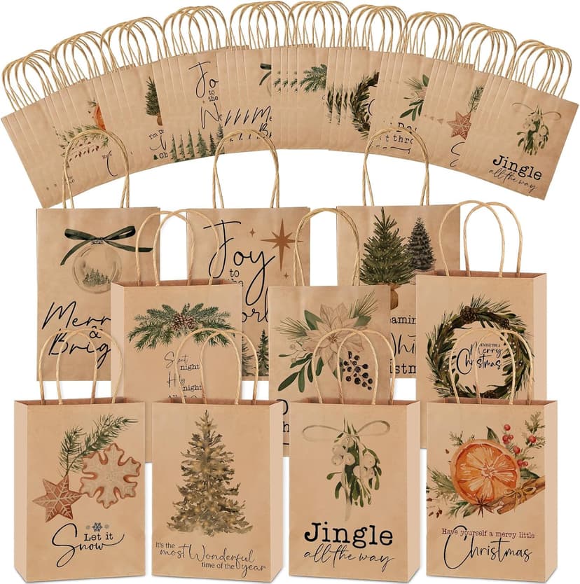 Vintage Christmas Gift Bags, Small Paper Gifts Bags for Xmas Stuffer Candy Party Present Wrapping, 8.27 x 5.91 x 3.15 Inches Tenceur 40 Pcs Christmas Gift Bag Bulk with Handle Reusable Kraft Brown Bag B0FP22D55T