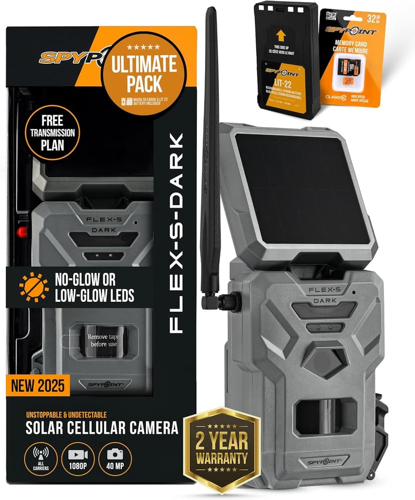 SPYPOINT Flex-S-Dark Ultimate Pack with SD Card + LIT-22 - Solar Cellular Trail Camera – Built-in Solar Panel, 40MP Photos, 1080p Videos + Sound, No-Glow Game Camera, Night Vision, Trail Cam