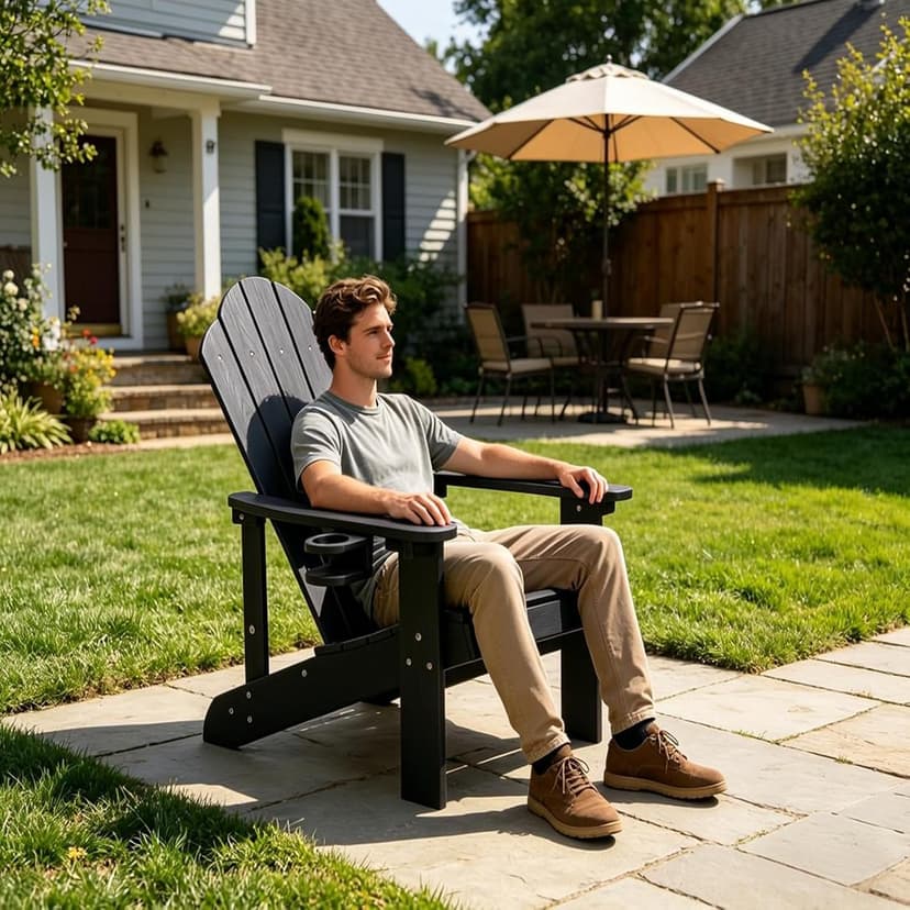 Adirondack Chair,All-Weather Can Used Patio Chair with Cup Holder,Sturdy Outdoor Lawn Chair,Easy Clean Surface and Anti-Tip Safety Features,Black